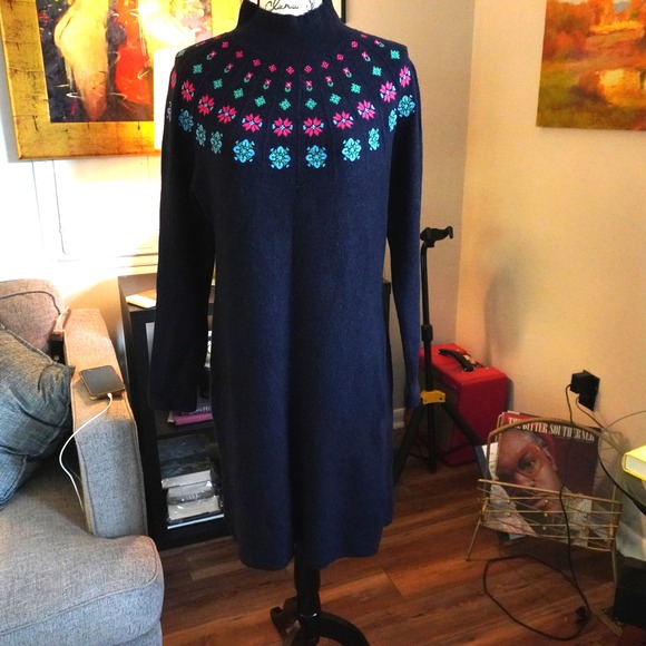 Talbots Sweater Dress Knit Mock Neck Floral Print Long Sleeve Cabincore Size L‎ - Picture 1 of 7
